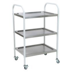 Weißer medizinischer Tisch mit drei Ablagen aus rostfreiem Stahl Weißer medizinischer Tisch mit drei Ablagen aus rostfreiem Stahl